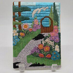 Handmade Embroidered Crewel Garden Scene Artwork On Canvas 5"x7"